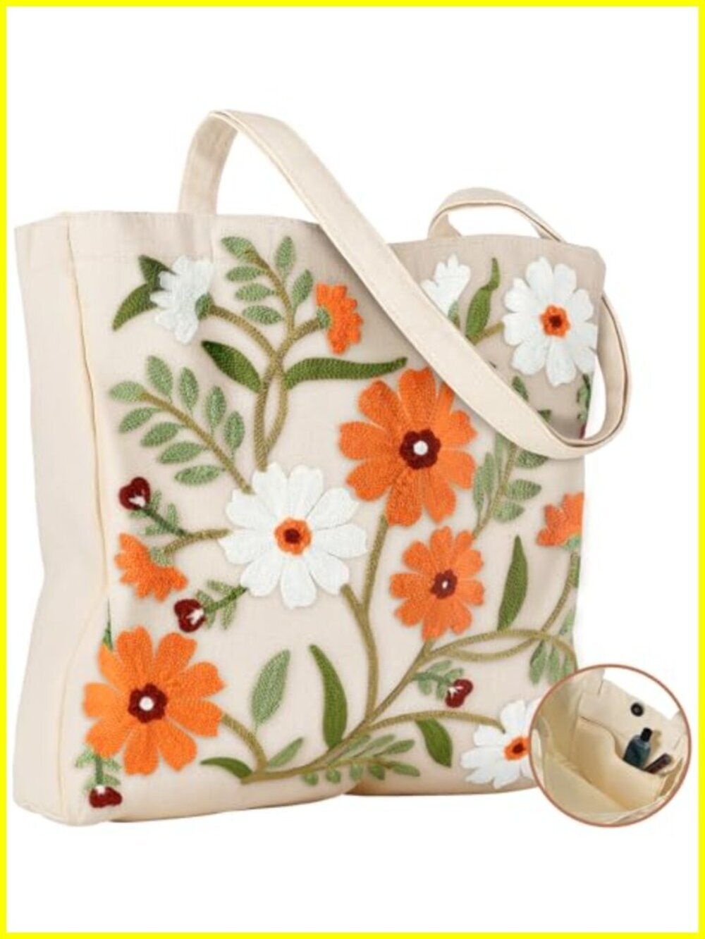 Canvas Tote Bag with Floral Embroidery and Inner Pocket | Reusable Shopping Bag